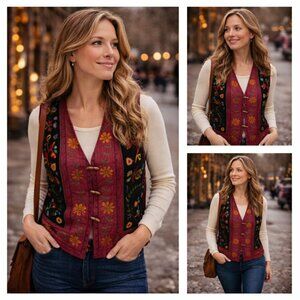 Vintage Lizwear Embroidered Floral Vest - Artisan Boho Statement Piece